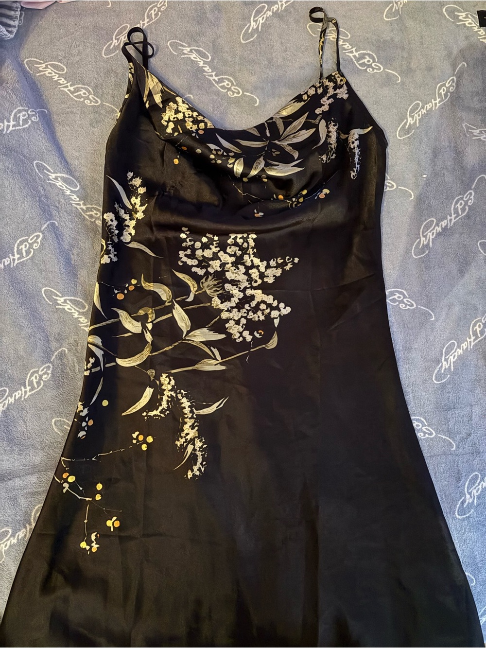 Vintage Black Floral Satin Slip Dress with Gold Accents